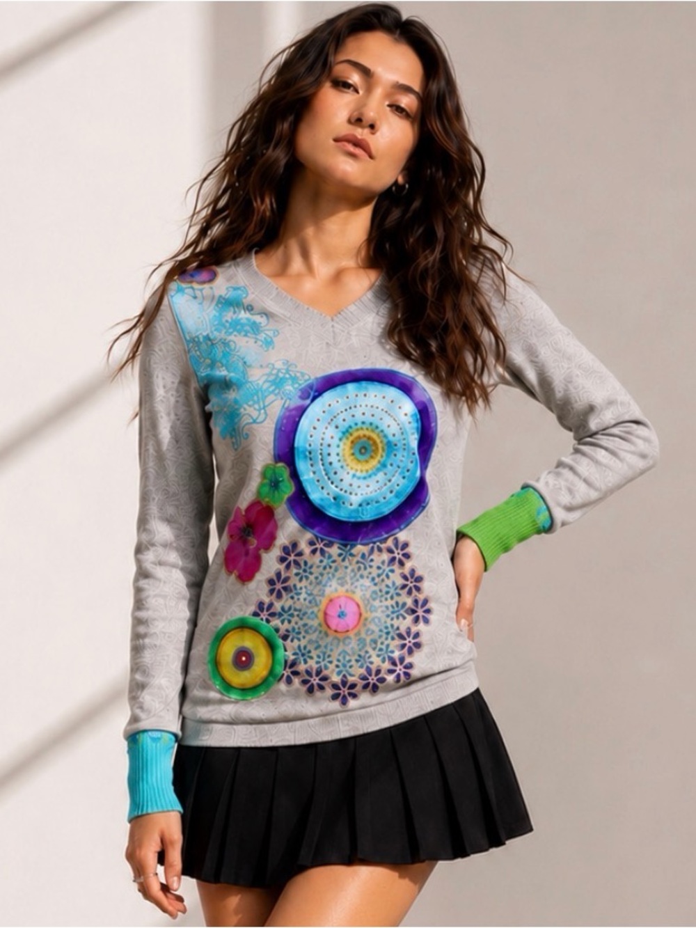 Vintage DESIGUAL Abstract Floral Y2K Patchwork Sweater Size Medium